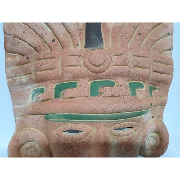 Vintage Terracotta Clay Mask Aztec Mayan Style Wall Art 12” Handcrafted Mexico - Picture 3 of 11